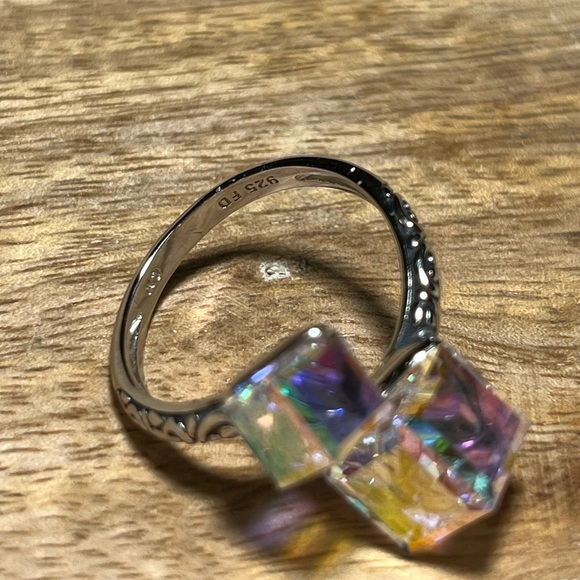 *SOLD* Iridescent Glass Crystal Cubes 925 Sterling Silver Bypass Ring - Picture 11 of 17